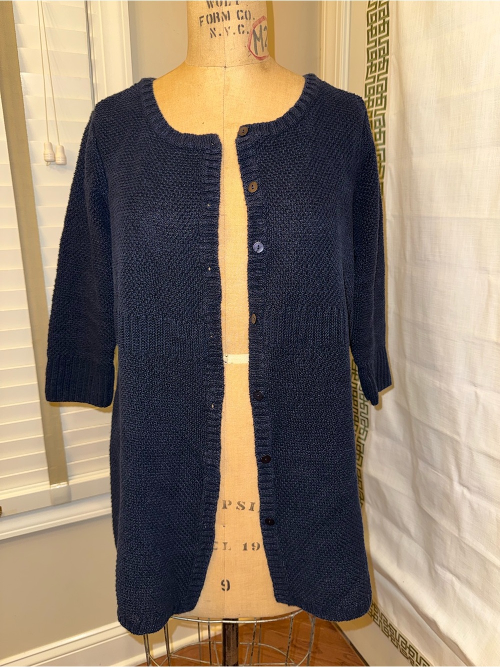 Eileen Fisher Navy Hemp Round-Neck Button Cardigan Size L